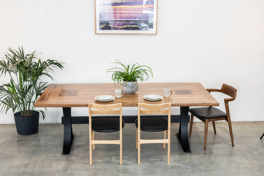 Curved Steel Leg Dining Table | Straight Board Recycled Stringy Bark